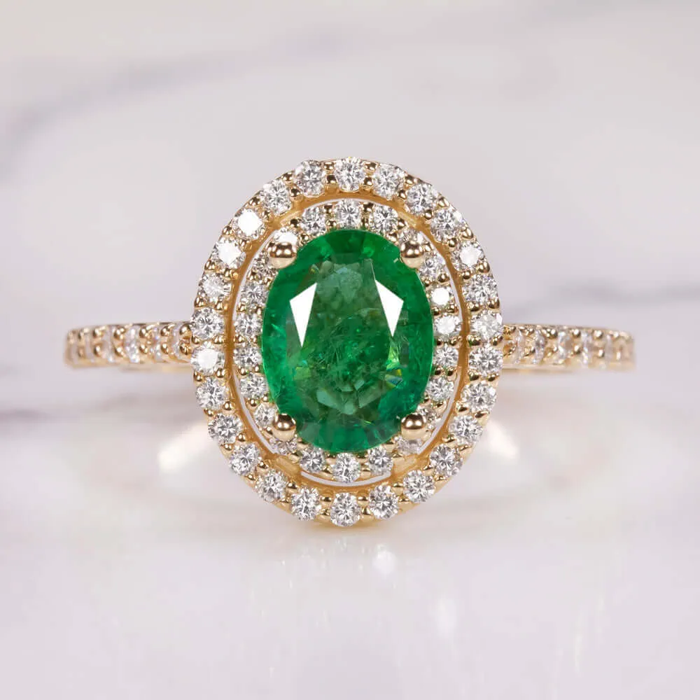 1.5ct EMERALD DIAMOND COCKTAIL RING DOUBLE HALO YELLOW GOLD NATURAL OVAL GREEN