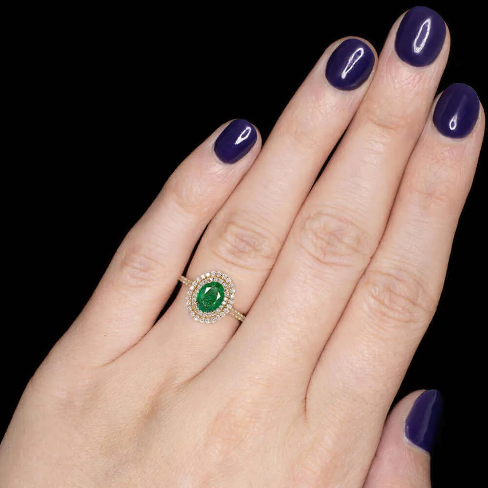 1.5ct EMERALD DIAMOND COCKTAIL RING DOUBLE HALO YELLOW GOLD NATURAL OVAL GREEN