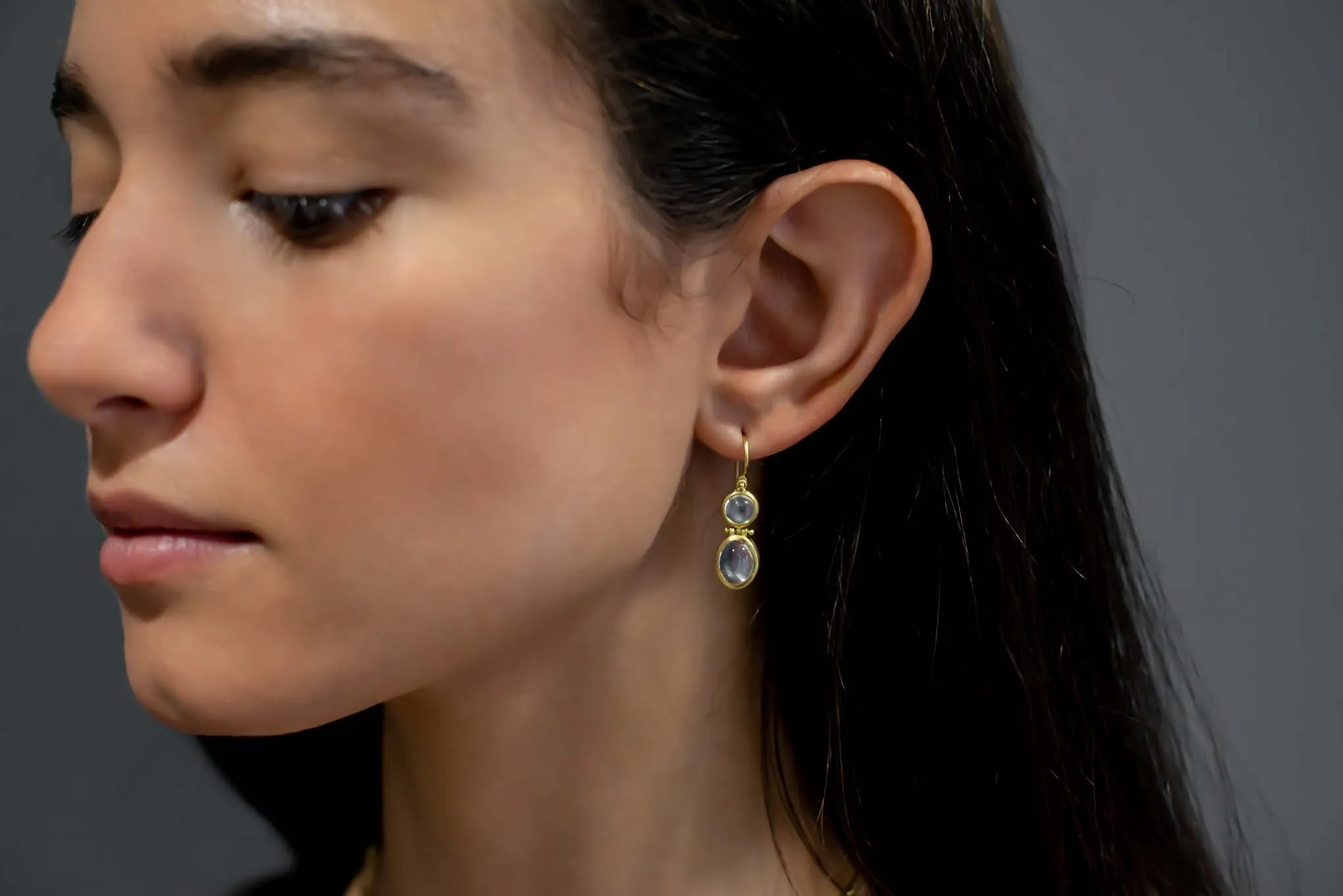 18 Karat Gold Ceylon Moonstone Double-Hinged Earrings