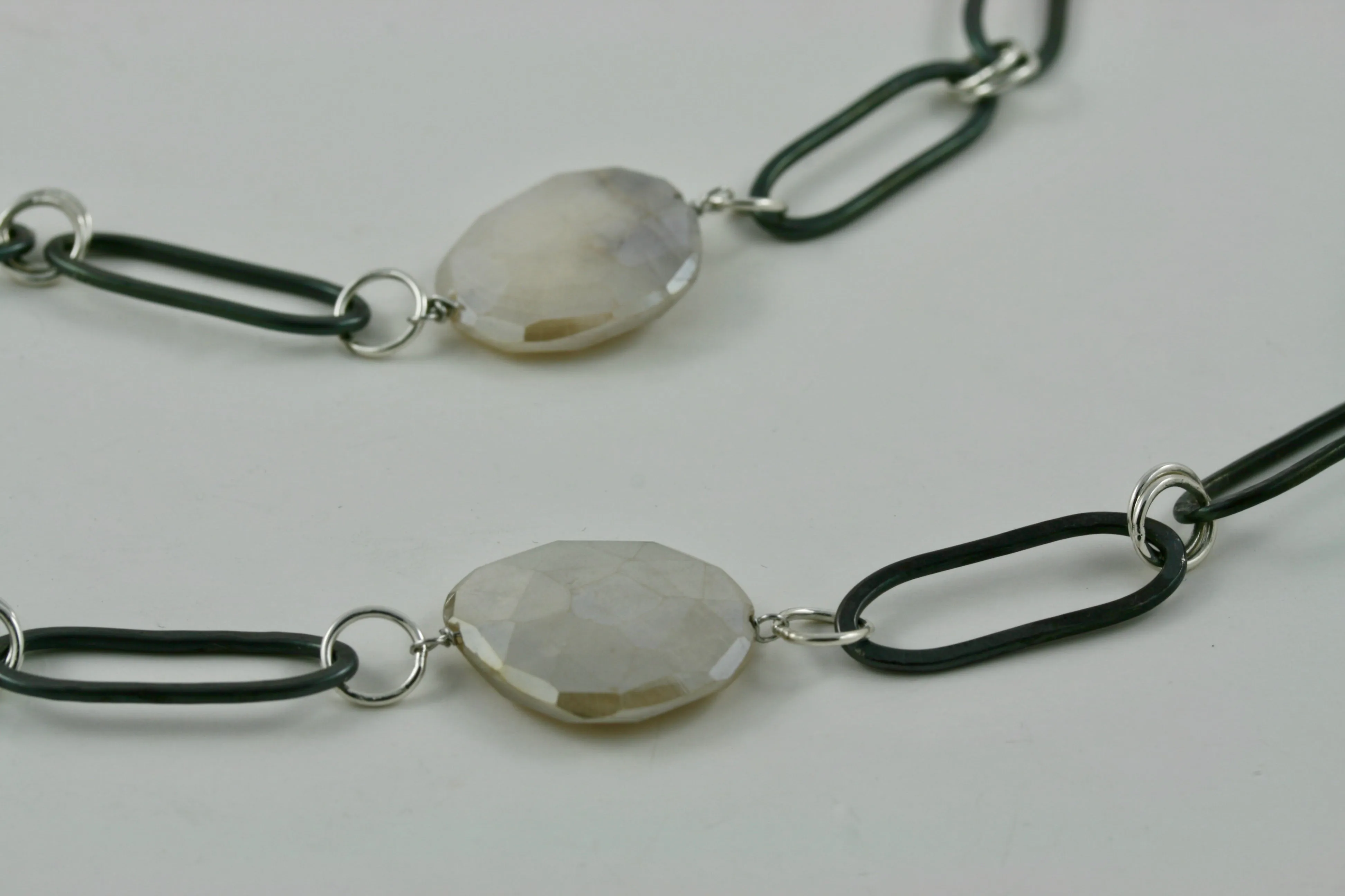 36" Moonstone, Stainless Steel, Argentium Silver Necklace