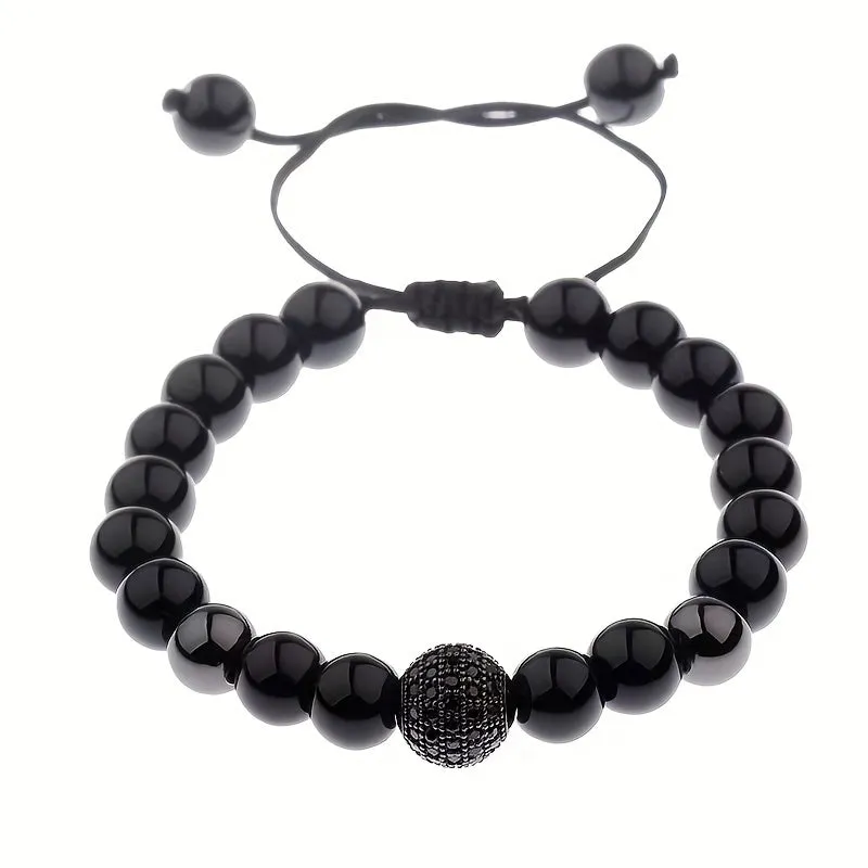 Adjustable Copper Micro-Set Zircon 10mm Round Ball Bracelet for Men | Black