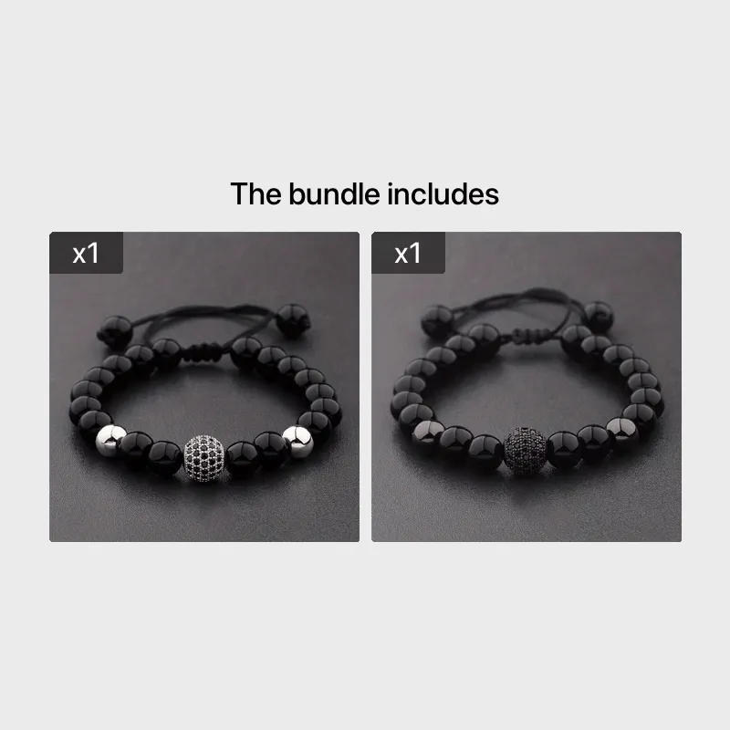 Adjustable Copper Micro-Set Zircon 10mm Round Ball Bracelet for Men | Black