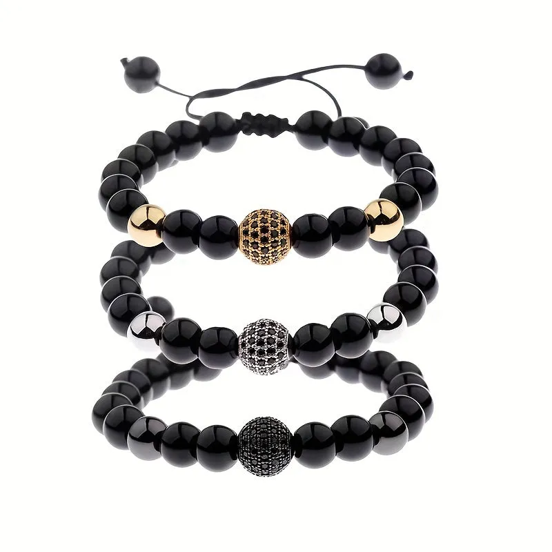 Adjustable Copper Micro-Set Zircon 10mm Round Ball Bracelet for Men | Black