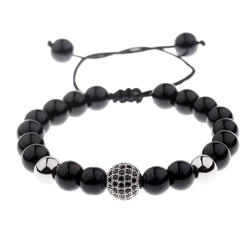 Adjustable Copper Micro-Set Zircon 10mm Round Ball Bracelet for Men | Black
