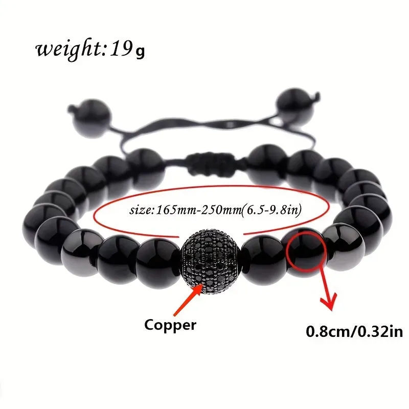 Adjustable Copper Micro-Set Zircon 10mm Round Ball Bracelet for Men | Black