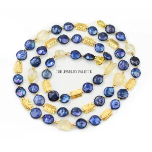 Aria blue coin pearls and citrine necklace