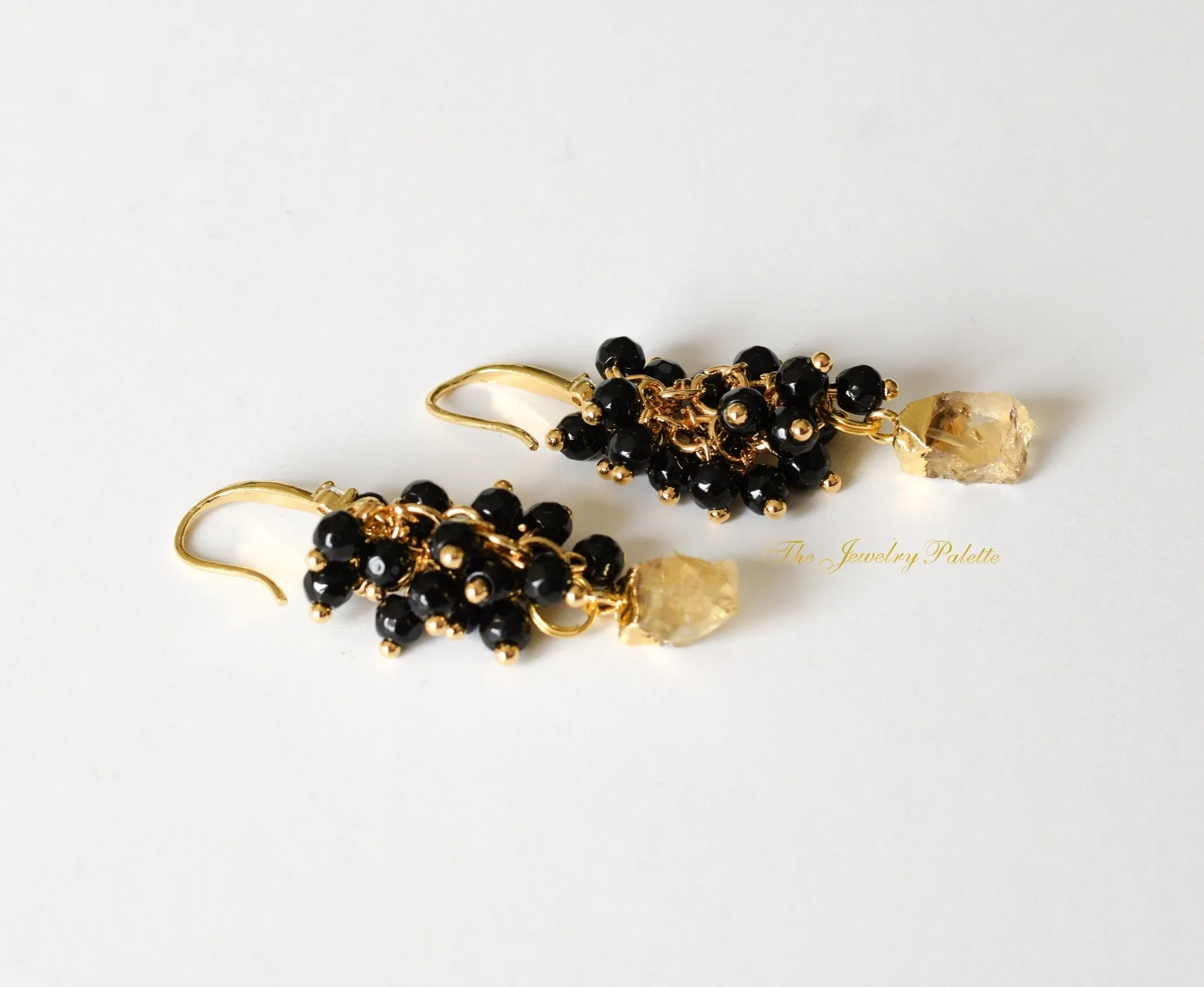 Asna black cluster with gold edged citrine drop earrings