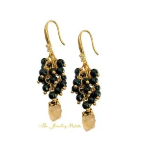 Asna black cluster with gold edged citrine drop earrings