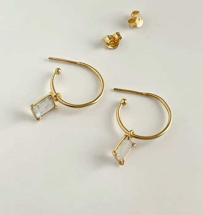 Baguette Hoops - Rainbow Moonstone