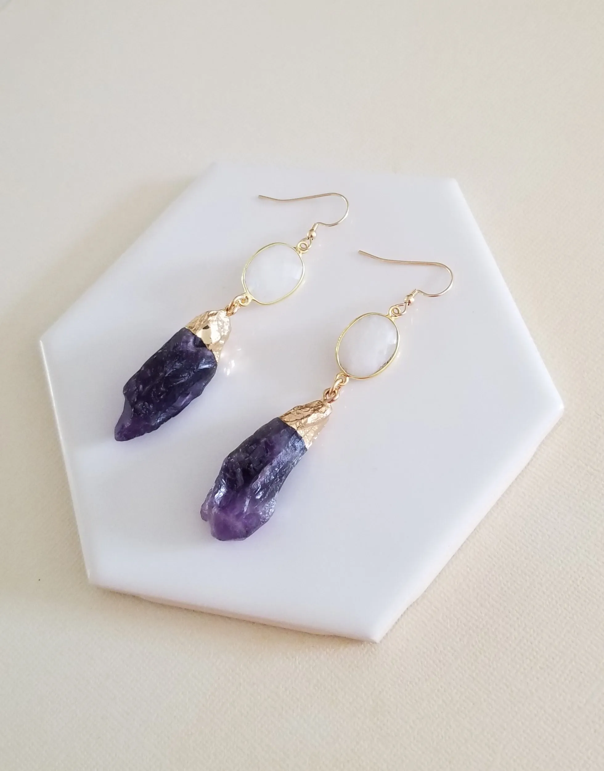 Bohemian Amethyst and Moonstone Dangle Earrings, Long Crystal Earrings