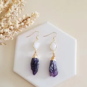 Bohemian Amethyst and Moonstone Dangle Earrings, Long Crystal Earrings