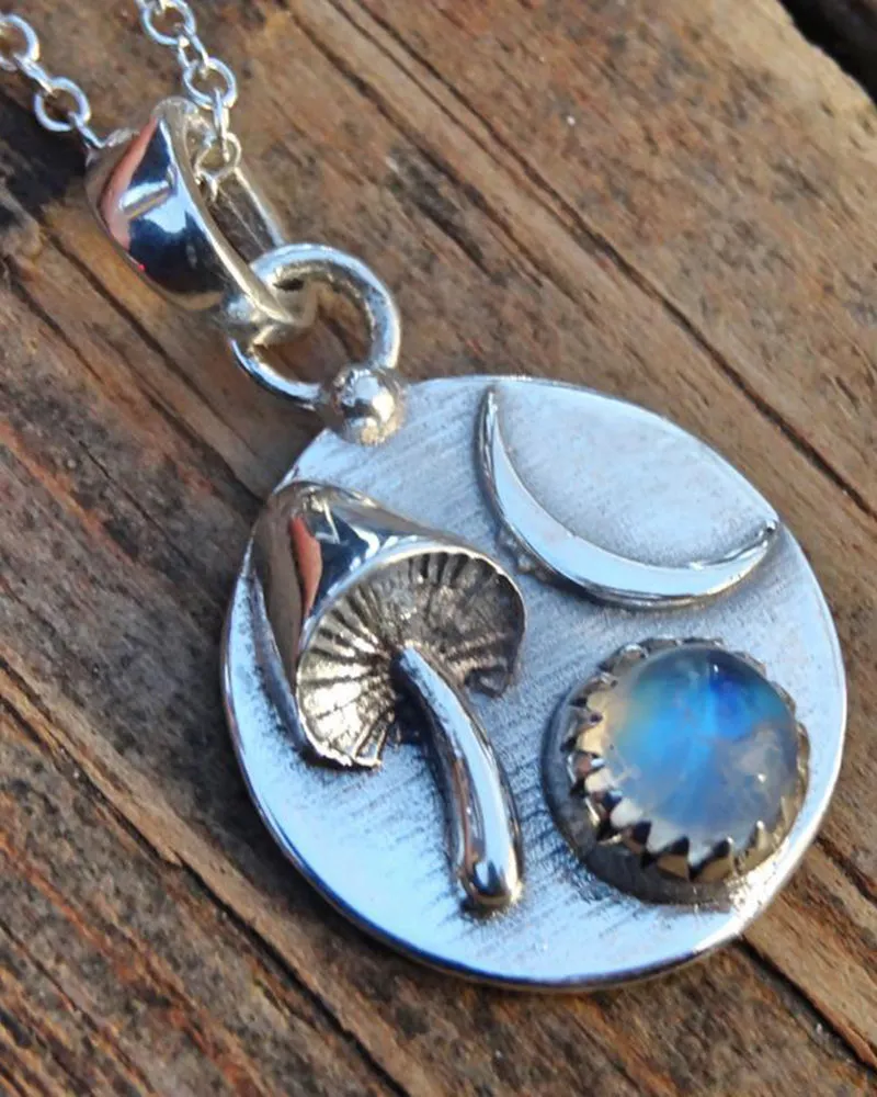 Crescent Moonstone Mushroom Rainbow Necklace