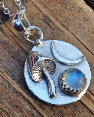 Crescent Moonstone Mushroom Rainbow Necklace