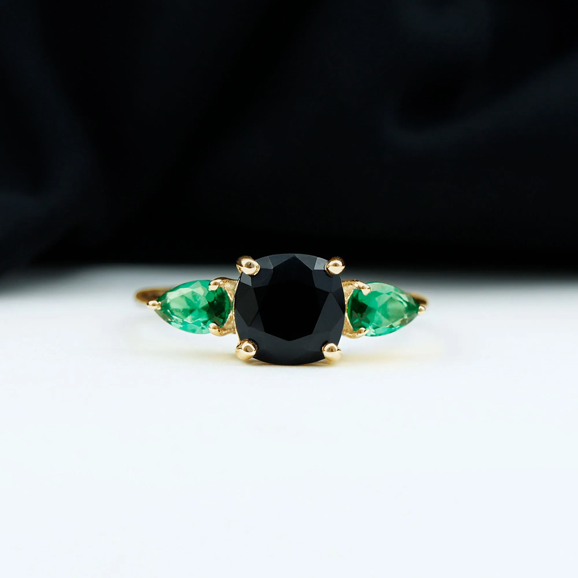 Cushion Cut Created Black Diamond Three Stone Ring