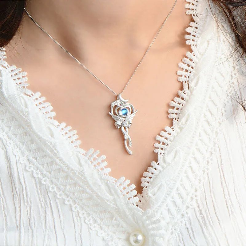 Cute Ladies Wand Shaped Sterling Silver Moonstone Pendant Necklace For Women