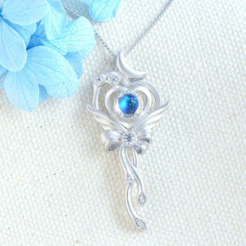 Cute Ladies Wand Shaped Sterling Silver Moonstone Pendant Necklace For Women