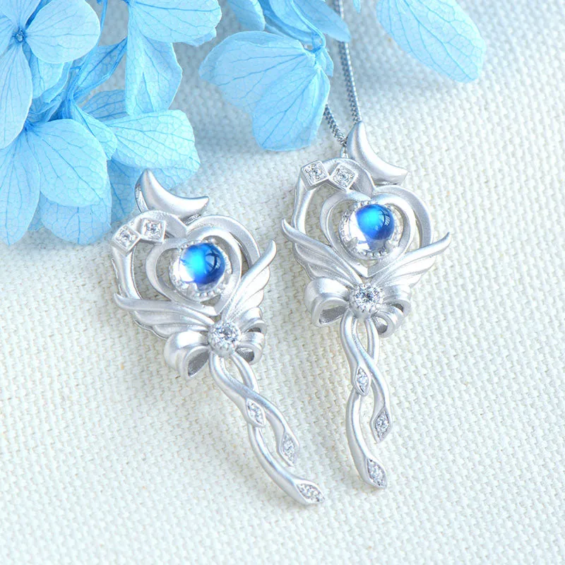 Cute Ladies Wand Shaped Sterling Silver Moonstone Pendant Necklace For Women