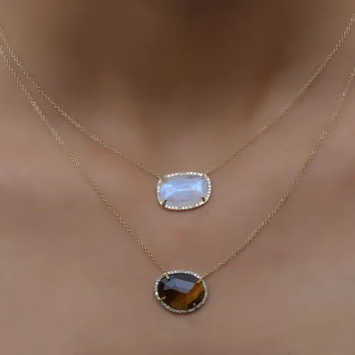 Diamond & Rainbow Moonstone Pendant Necklace