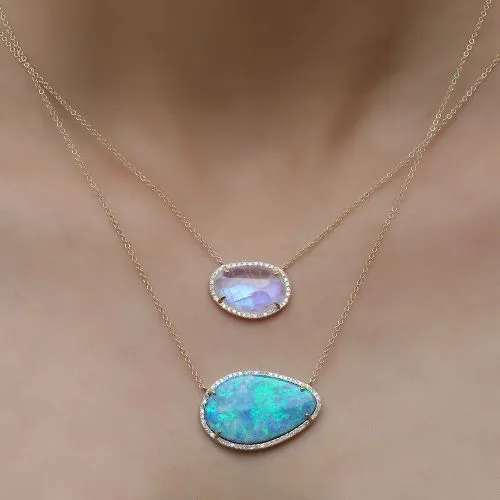Diamond & Rainbow Moonstone Pendant Necklace