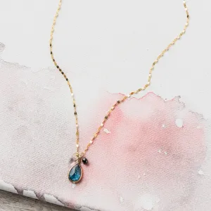 Kyanite Pear Necklace with Moonstone and Black Diamond in 14k Gold