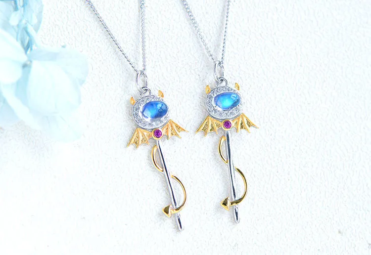 Ladies Little Devil Shaped Silver Moonstone Pendant Necklace June Birthstone Pendant Necklace