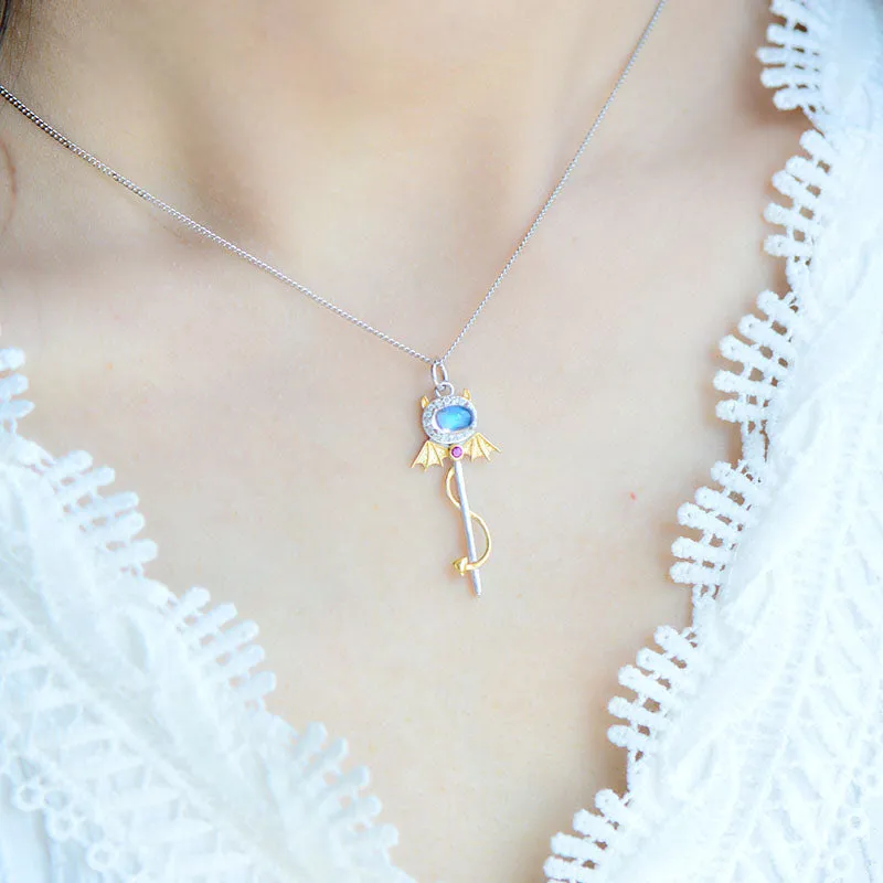 Ladies Little Devil Shaped Silver Moonstone Pendant Necklace June Birthstone Pendant Necklace