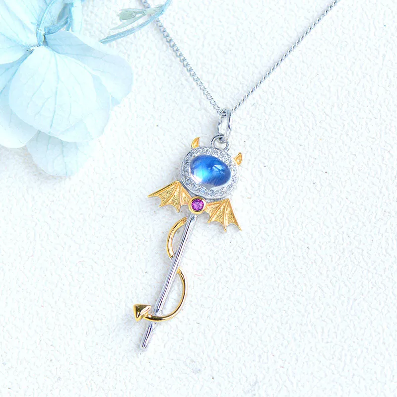 Ladies Little Devil Shaped Silver Moonstone Pendant Necklace June Birthstone Pendant Necklace