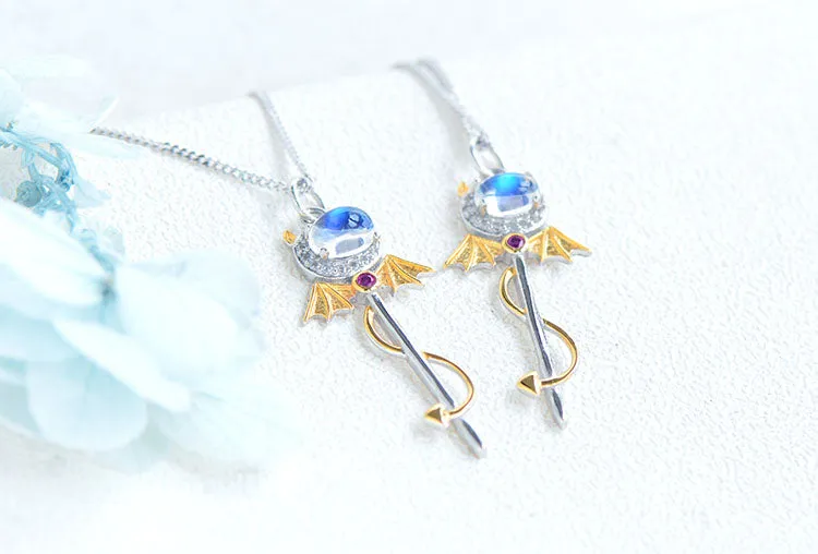 Ladies Little Devil Shaped Silver Moonstone Pendant Necklace June Birthstone Pendant Necklace