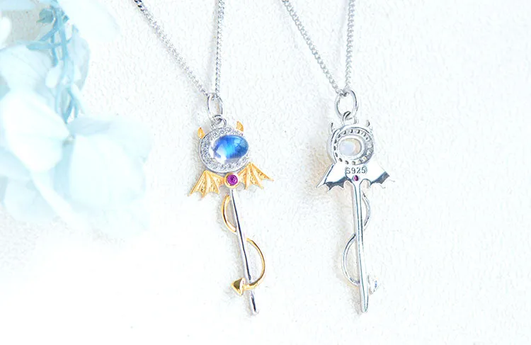 Ladies Little Devil Shaped Silver Moonstone Pendant Necklace June Birthstone Pendant Necklace