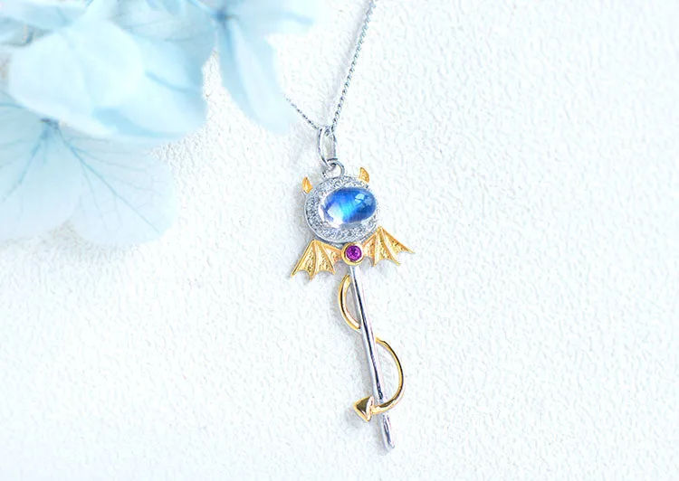 Ladies Little Devil Shaped Silver Moonstone Pendant Necklace June Birthstone Pendant Necklace