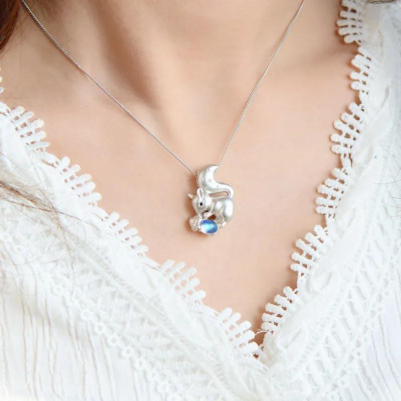 Ladies Squirrel Shaped White Gold Plated Sterling Silver Moonstone Pendant Necklace For Womens