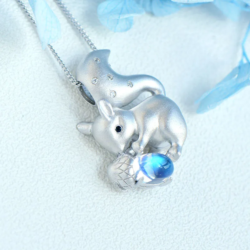 Ladies Squirrel Shaped White Gold Plated Sterling Silver Moonstone Pendant Necklace For Womens
