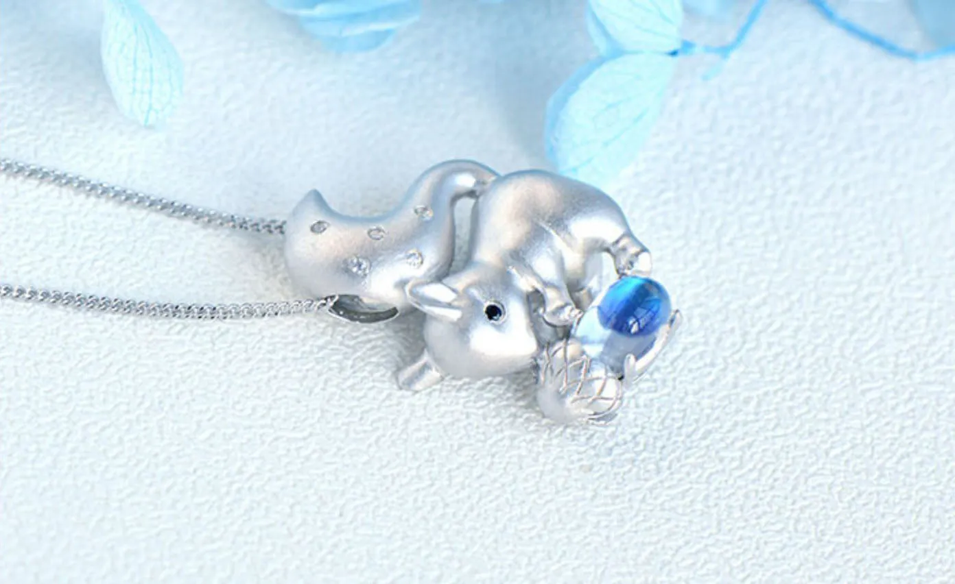 Ladies Squirrel Shaped White Gold Plated Sterling Silver Moonstone Pendant Necklace For Womens
