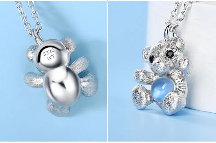 Ladies Sterling Silver Hug Bear Moonstone Pendant Necklace For Women