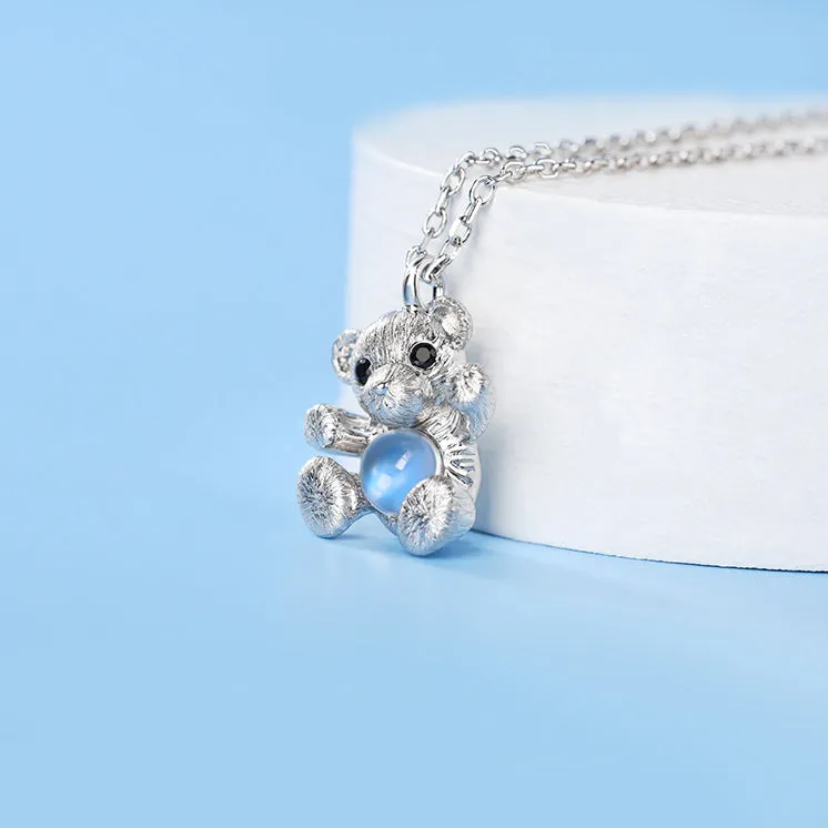Ladies Sterling Silver Hug Bear Moonstone Pendant Necklace For Women