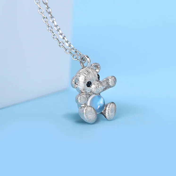 Ladies Sterling Silver Hug Bear Moonstone Pendant Necklace For Women