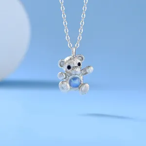 Ladies Sterling Silver Hug Bear Moonstone Pendant Necklace For Women