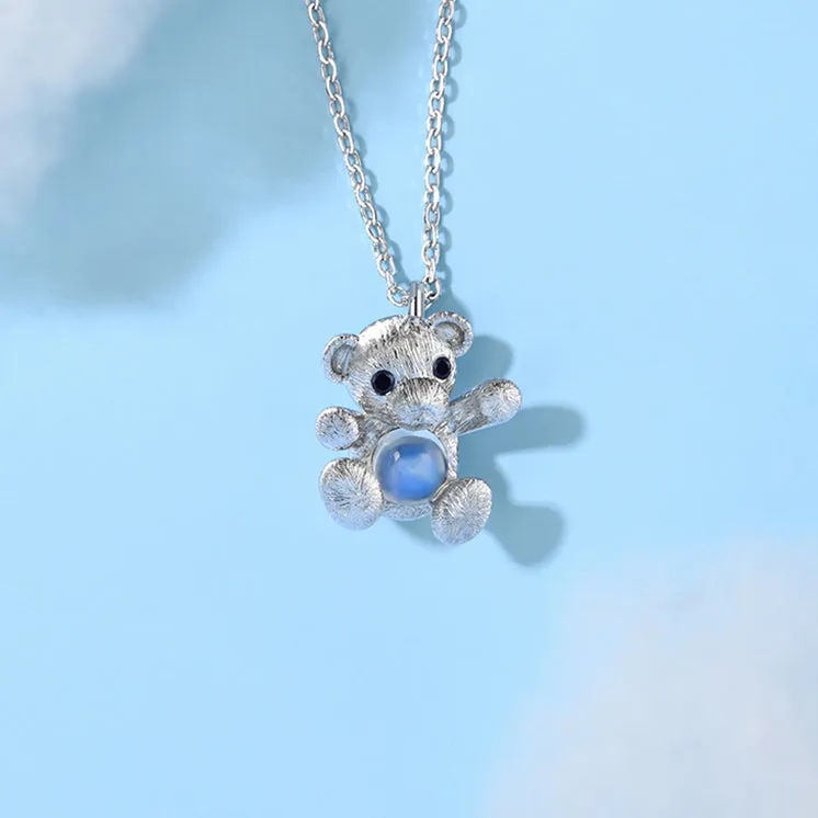 Ladies Sterling Silver Hug Bear Moonstone Pendant Necklace For Women
