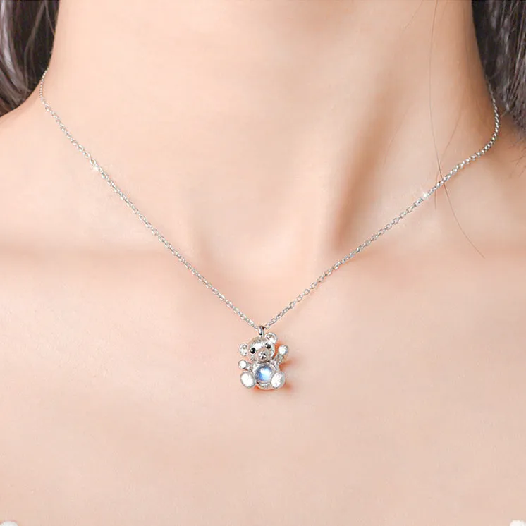 Ladies Sterling Silver Hug Bear Moonstone Pendant Necklace For Women
