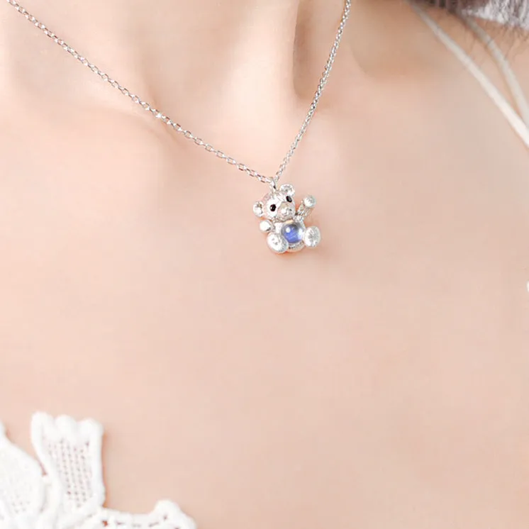 Ladies Sterling Silver Hug Bear Moonstone Pendant Necklace For Women