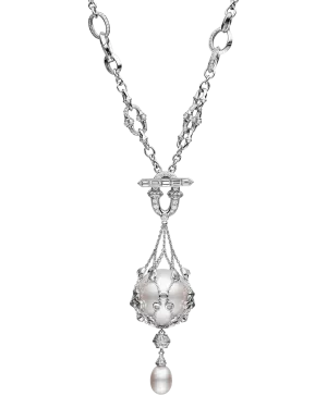Moonstone Anchored Lavalier Pearl Necklace | 18mm Round Pearl, Moonstone, and White Gold