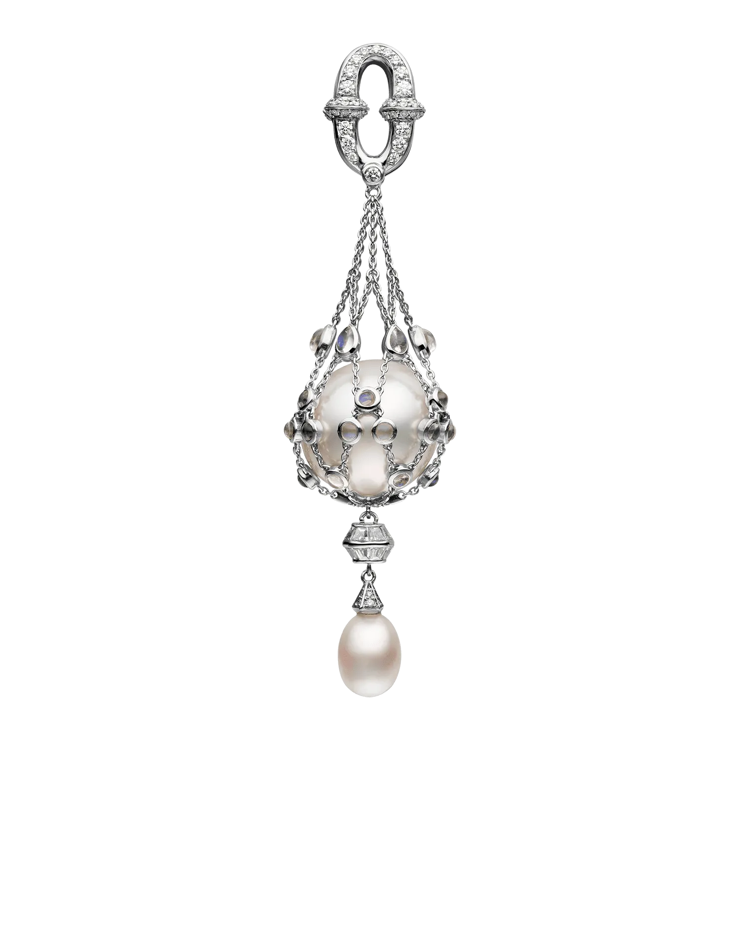 Moonstone Anchored Lavalier Pearl Necklace | 18mm Round Pearl, Moonstone, and White Gold
