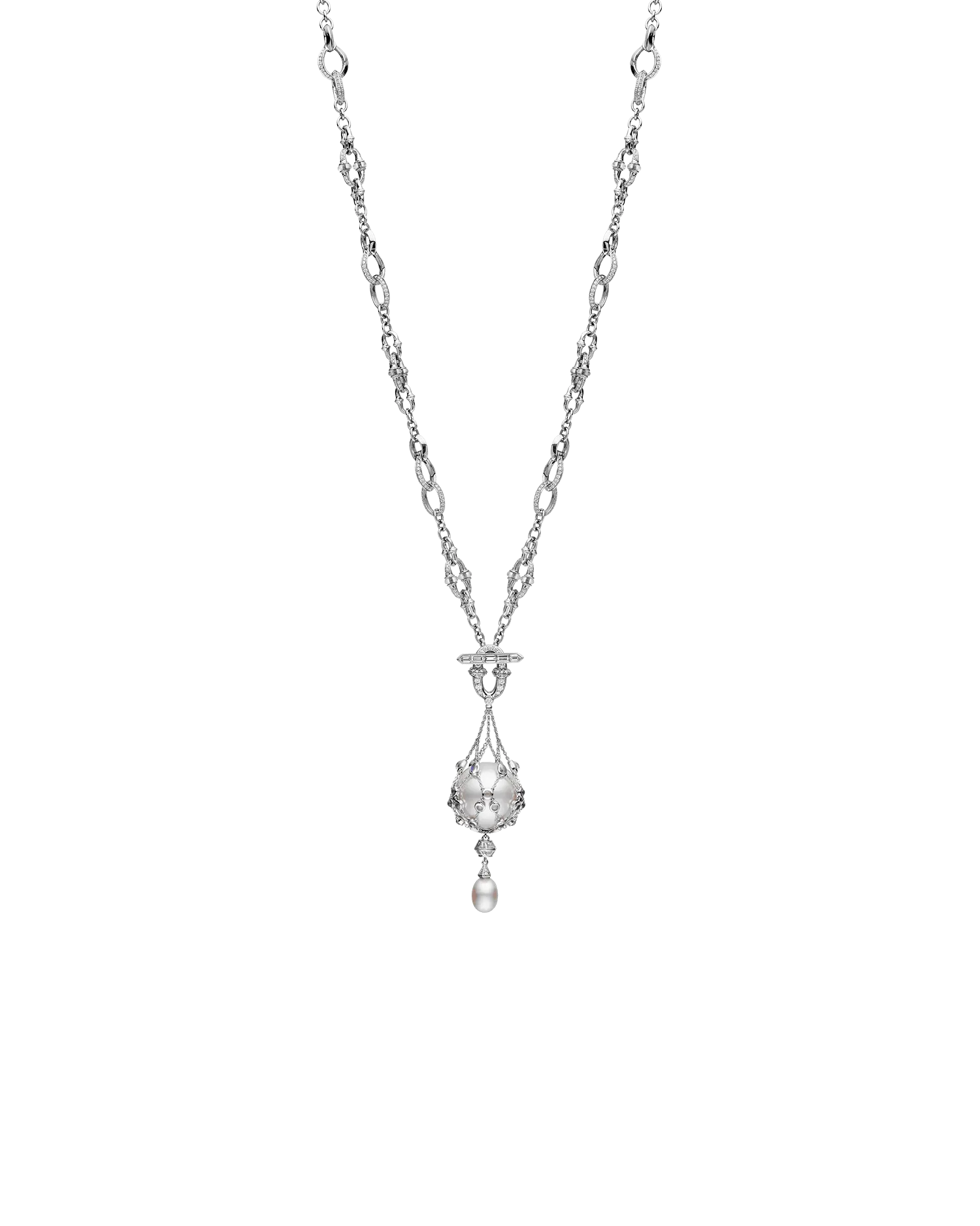 Moonstone Anchored Lavalier Pearl Necklace | 18mm Round Pearl, Moonstone, and White Gold