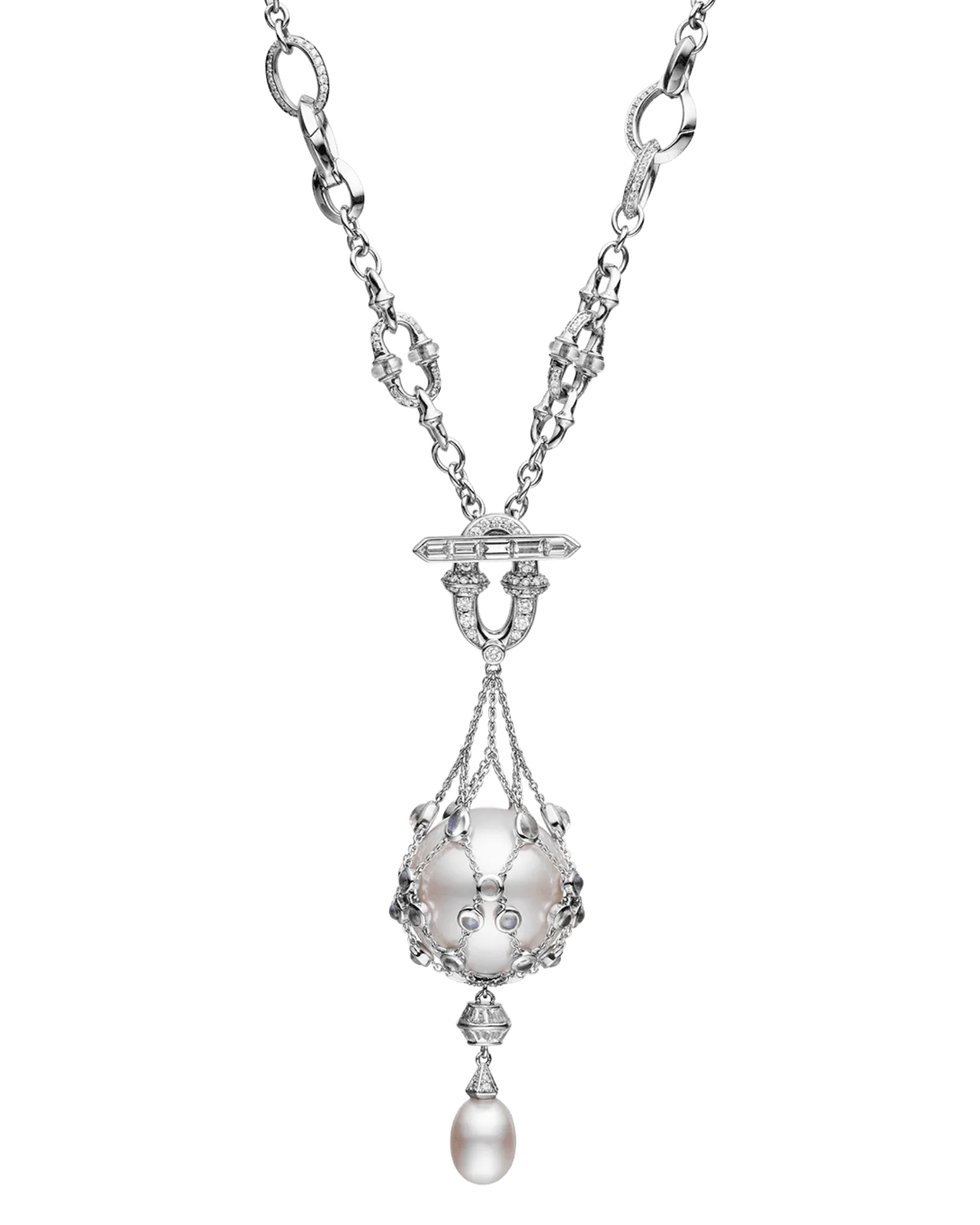 Moonstone Anchored Lavalier Pearl Necklace | 18mm Round Pearl, Moonstone, and White Gold