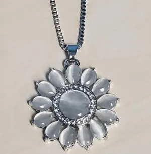 N1649 Silver Moonstone Rhinestone Flower Necklace with FREE Earrings