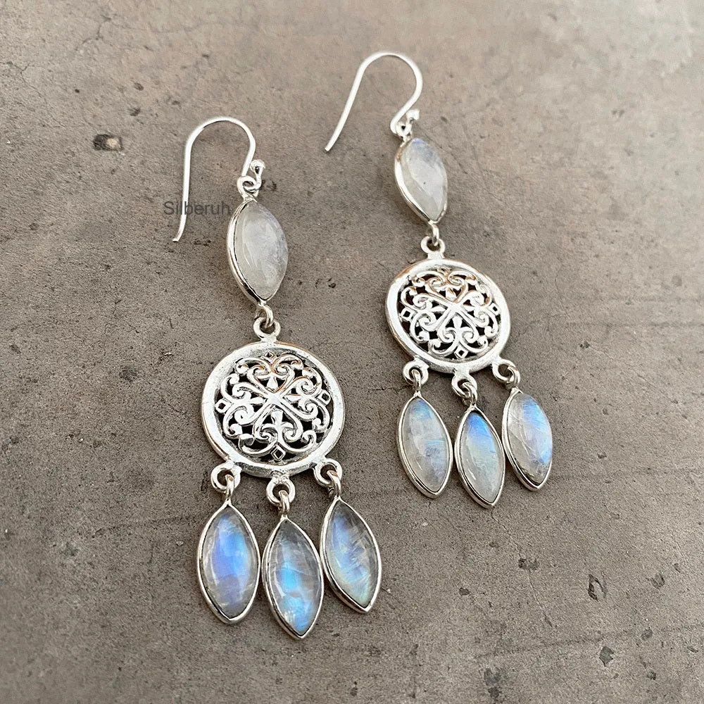 Rainbow Moonstone Dreamcatcher Silver Earring