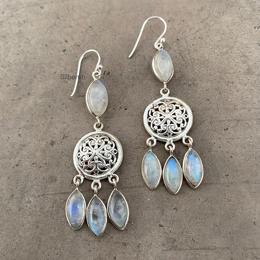 Rainbow Moonstone Dreamcatcher Silver Earring
