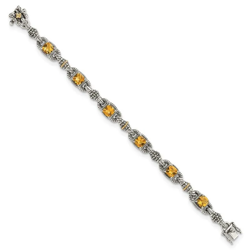 Shey Couture Sterling Silver with 14K Accent 7.25 Inch Antiqued Cushion Citrine Bracelet QTC414